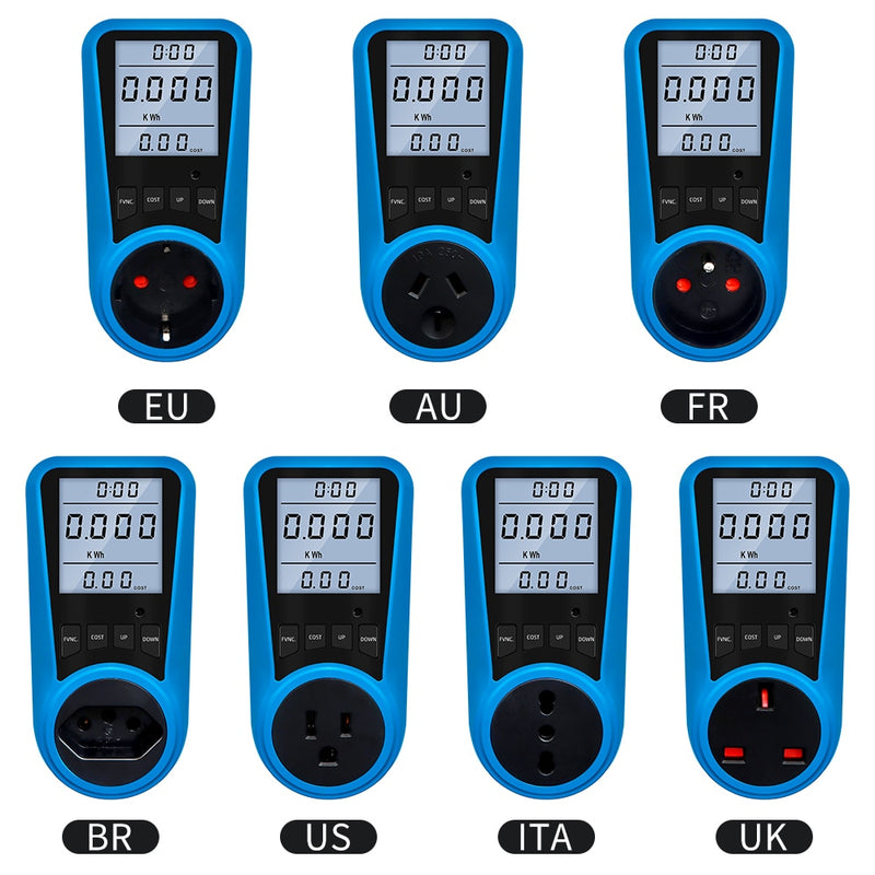 EU Plug Socket Digital Current Meter Voltmeter AC Power Meter Time Watt Power Energy Tester Wattmeter US UK AU FR BR IT Plug