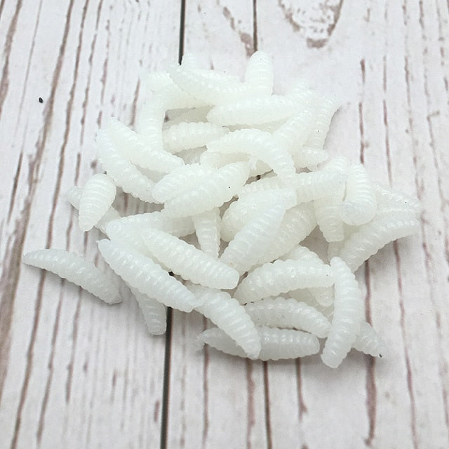 2021 Fishing lure Promotion 50PCS 2cm 0.3g Maggot Grub Soft Fishing Lure Hooks Smell Worms Glow Shrimps Fish Lures hot sale set
