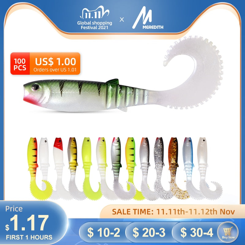 MEREDITH 70mm 90mm 110mm Cannibal Curved Tail Artificial Wobblers Fishing Lures Soft Baits Silicone Shad Worm Bass lure souple