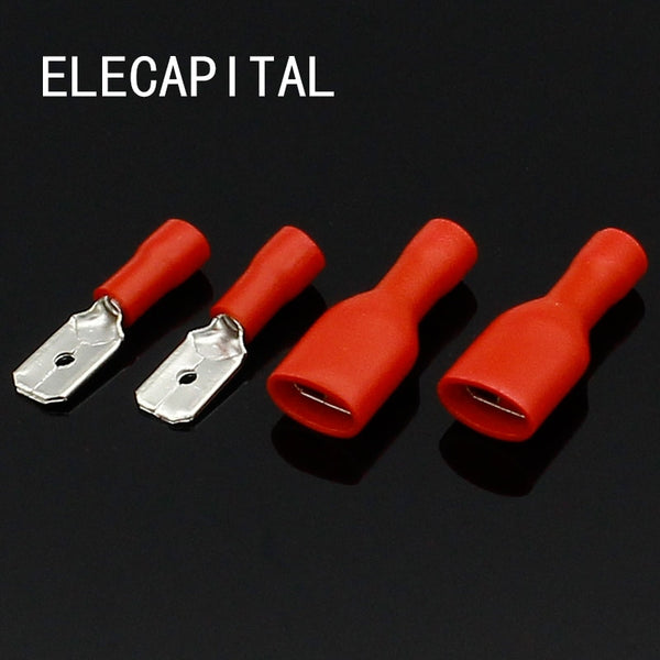 100pcs FDD 1.25-250 MDD1.25-250 6.3mm Red Female + Male Spade Insulated Electrical Crimp Terminal Connectors Wiring Cable Plug