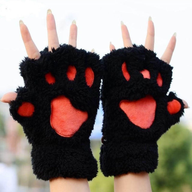 Winter Women Ladies Cute Cat Claw Paw Plush Mittens Short Fingerless Gloves Half Finger Black Gray Beige