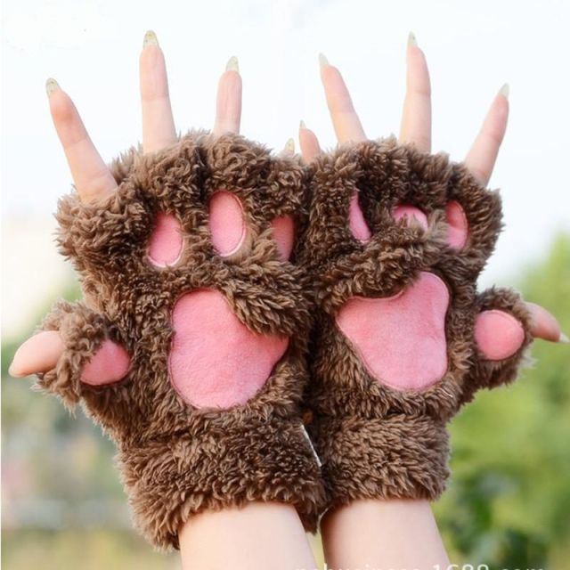 Winter Women Ladies Cute Cat Claw Paw Plush Mittens Short Fingerless Gloves Half Finger Black Gray Beige