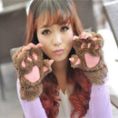 Winter Women Ladies Cute Cat Claw Paw Plush Mittens Short Fingerless Gloves Half Finger Black Gray Beige