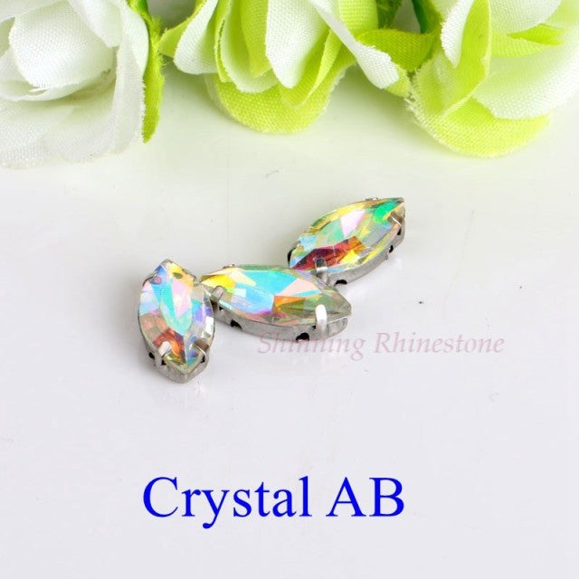 Horse Eye / Leaf Shape Glass Rhinestones With Claw Sew On Crystal Stone Strass Diamond Metal Base Buckle For Clothes