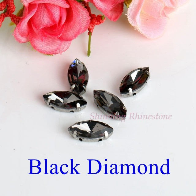 Horse Eye / Leaf Shape Glass Rhinestones With Claw Sew On Crystal Stone Strass Diamond Metal Base Buckle For Clothes