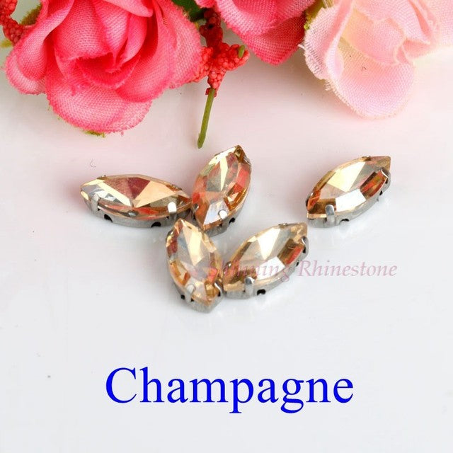 Horse Eye / Leaf Shape Glass Rhinestones With Claw Sew On Crystal Stone Strass Diamond Metal Base Buckle For Clothes