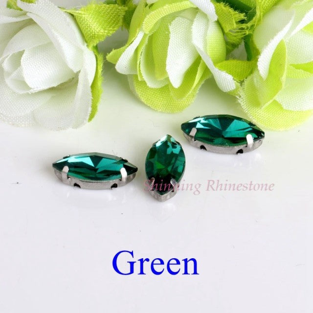Horse Eye / Leaf Shape Glass Rhinestones With Claw Sew On Crystal Stone Strass Diamond Metal Base Buckle For Clothes
