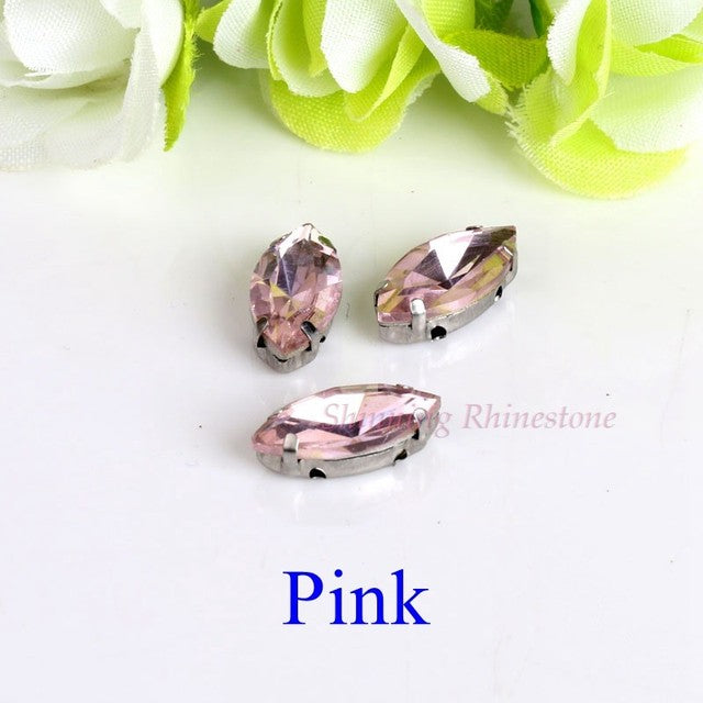 Horse Eye / Leaf Shape Glass Rhinestones With Claw Sew On Crystal Stone Strass Diamond Metal Base Buckle For Clothes