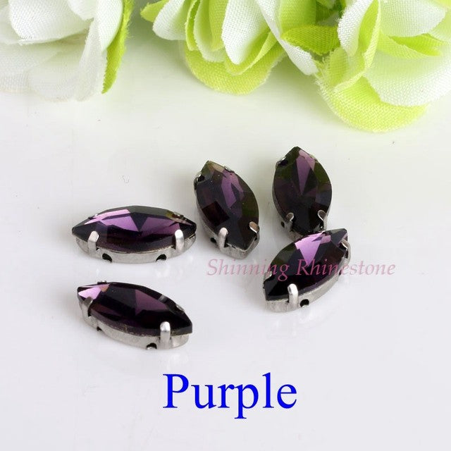 Horse Eye / Leaf Shape Glass Rhinestones With Claw Sew On Crystal Stone Strass Diamond Metal Base Buckle For Clothes