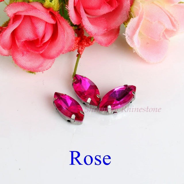 Horse Eye / Leaf Shape Glass Rhinestones With Claw Sew On Crystal Stone Strass Diamond Metal Base Buckle For Clothes