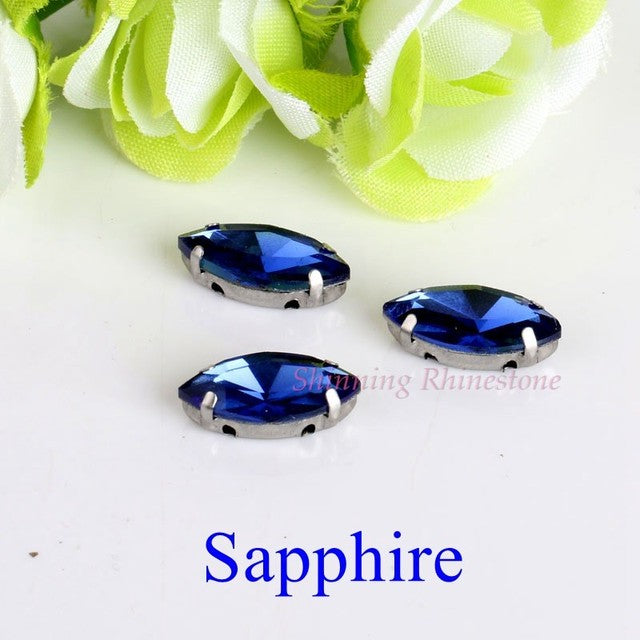Horse Eye / Leaf Shape Glass Rhinestones With Claw Sew On Crystal Stone Strass Diamond Metal Base Buckle For Clothes