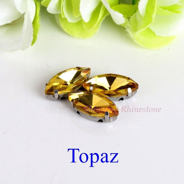 Horse Eye / Leaf Shape Glass Rhinestones With Claw Sew On Crystal Stone Strass Diamond Metal Base Buckle For Clothes