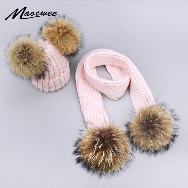 Girl Pompon Hats and Scarves Sets Winter Knitted Warm Nature Fur Pom Pom Hat Scarf Thick Beanies Hats Caps Kids Baby Solid Bones