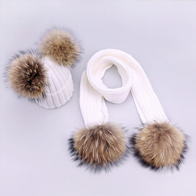 Girl Pompon Hats and Scarves Sets Winter Knitted Warm Nature Fur Pom Pom Hat Scarf Thick Beanies Hats Caps Kids Baby Solid Bones