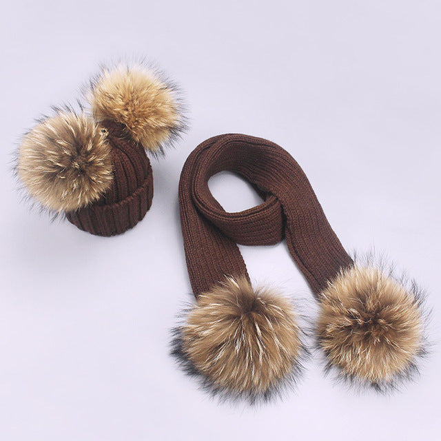 Girl Pompon Hats and Scarves Sets Winter Knitted Warm Nature Fur Pom Pom Hat Scarf Thick Beanies Hats Caps Kids Baby Solid Bones