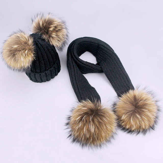 Girl Pompon Hats and Scarves Sets Winter Knitted Warm Nature Fur Pom Pom Hat Scarf Thick Beanies Hats Caps Kids Baby Solid Bones