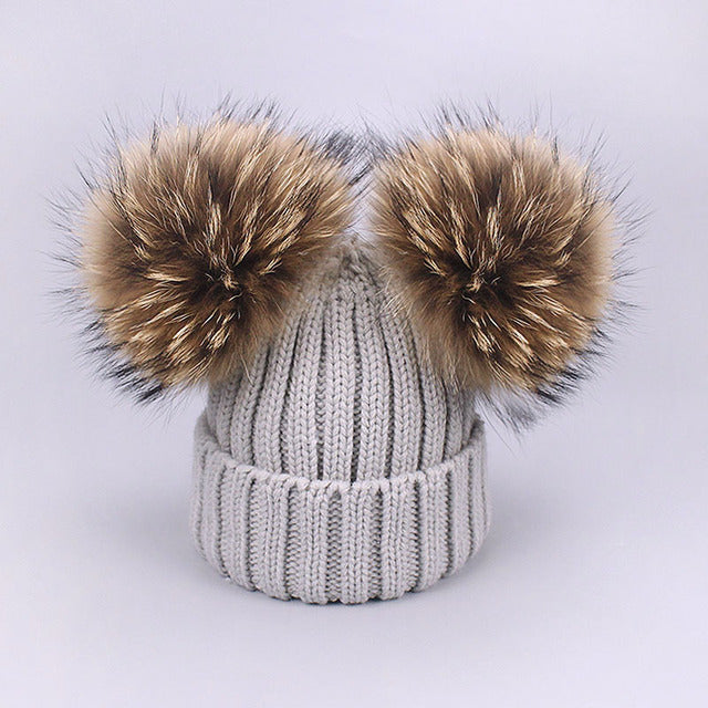 Girl Pompon Hats and Scarves Sets Winter Knitted Warm Nature Fur Pom Pom Hat Scarf Thick Beanies Hats Caps Kids Baby Solid Bones