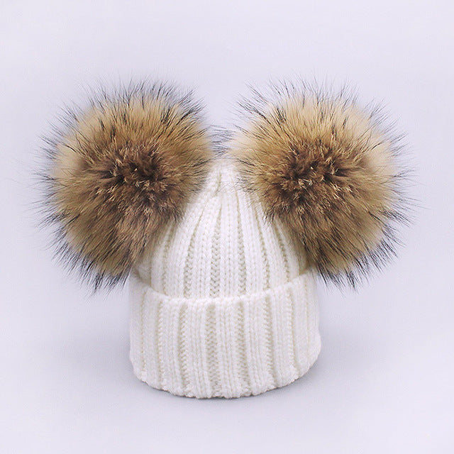Girl Pompon Hats and Scarves Sets Winter Knitted Warm Nature Fur Pom Pom Hat Scarf Thick Beanies Hats Caps Kids Baby Solid Bones