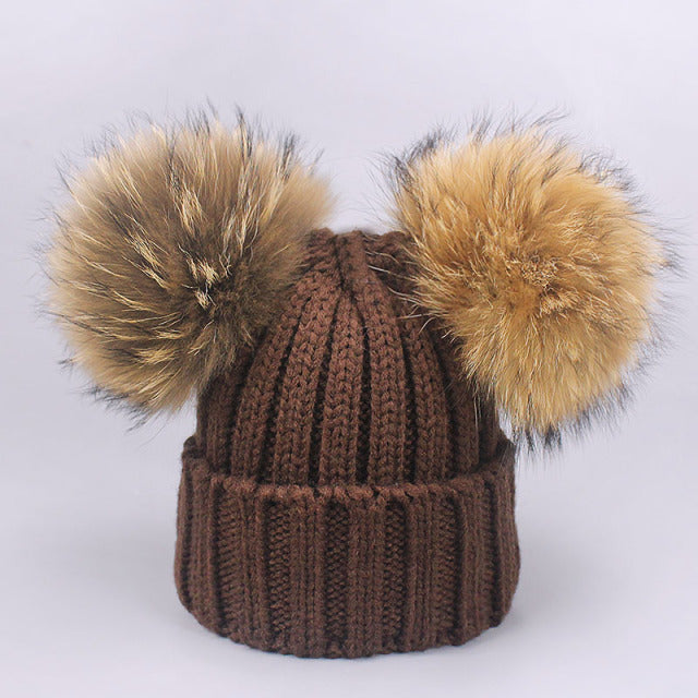 Girl Pompon Hats and Scarves Sets Winter Knitted Warm Nature Fur Pom Pom Hat Scarf Thick Beanies Hats Caps Kids Baby Solid Bones