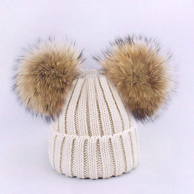 Girl Pompon Hats and Scarves Sets Winter Knitted Warm Nature Fur Pom Pom Hat Scarf Thick Beanies Hats Caps Kids Baby Solid Bones