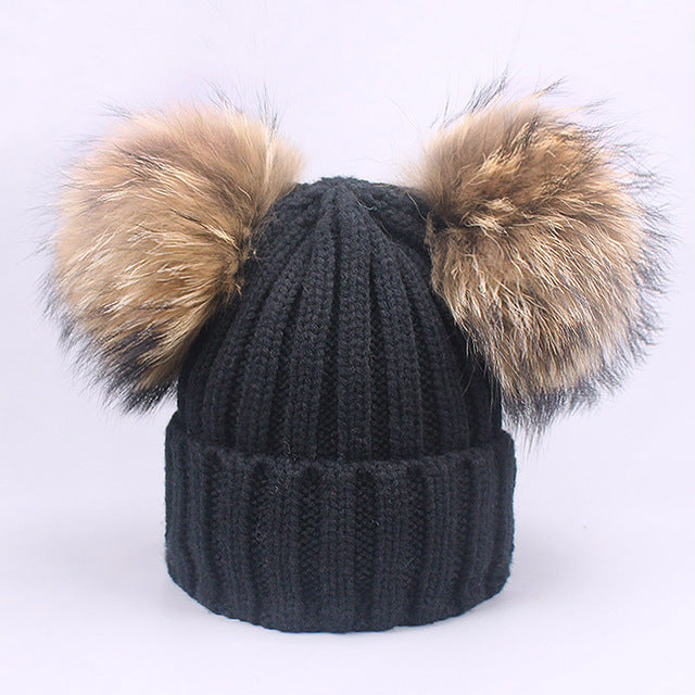 Girl Pompon Hats and Scarves Sets Winter Knitted Warm Nature Fur Pom Pom Hat Scarf Thick Beanies Hats Caps Kids Baby Solid Bones