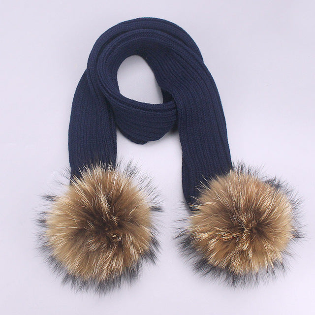 Girl Pompon Hats and Scarves Sets Winter Knitted Warm Nature Fur Pom Pom Hat Scarf Thick Beanies Hats Caps Kids Baby Solid Bones
