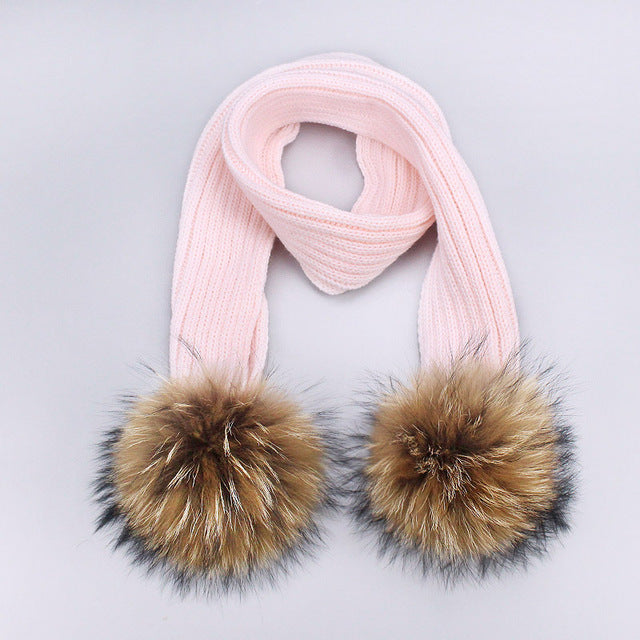 Girl Pompon Hats and Scarves Sets Winter Knitted Warm Nature Fur Pom Pom Hat Scarf Thick Beanies Hats Caps Kids Baby Solid Bones