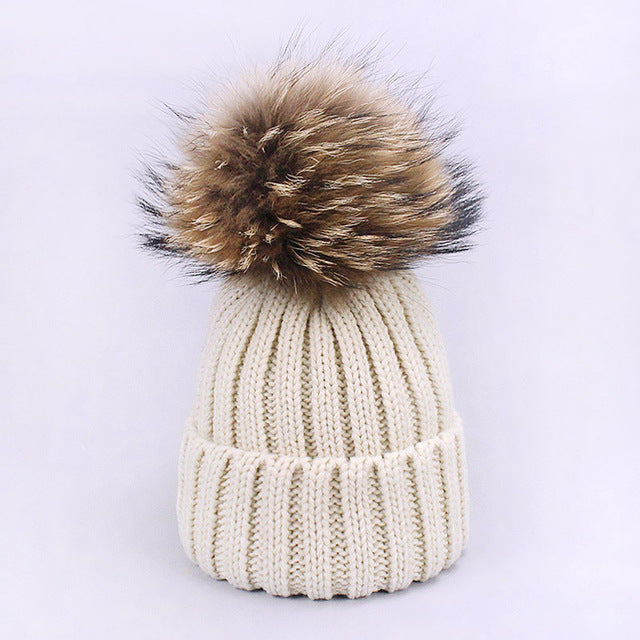 Girl Pompon Hats and Scarves Sets Winter Knitted Warm Nature Fur Pom Pom Hat Scarf Thick Beanies Hats Caps Kids Baby Solid Bones