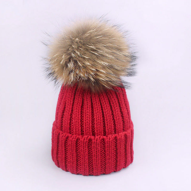 Girl Pompon Hats and Scarves Sets Winter Knitted Warm Nature Fur Pom Pom Hat Scarf Thick Beanies Hats Caps Kids Baby Solid Bones