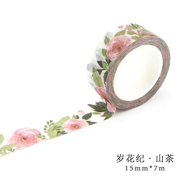 Romantic Floral Paper Washi Tape 15mm*7m Flowers Masking Tapes Decorative Stickers DIY Stationery School Supplies