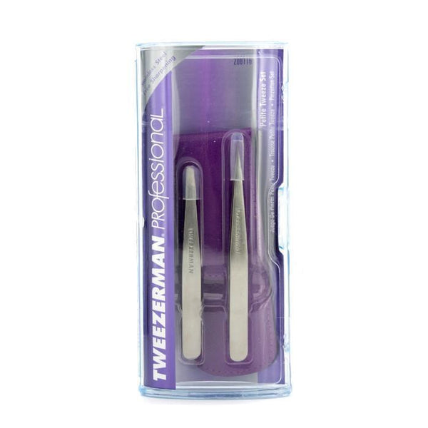 Professional Petite Tweeze Set: Slant Tweezer + Point Tweezer - (With Lavendar Leather Case) - 2pcs-Make Up-JadeMoghul Inc.