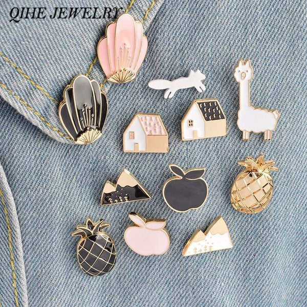 QIHE JEWELRY 1 Set pineapple Apple Alpaca Fox Flowers Houses Metal Cute Enamel Pin Set Fashion Jewelry Accessories AExp