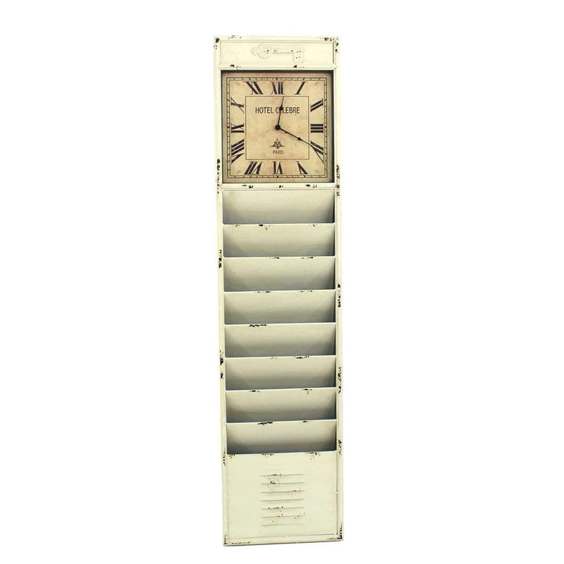 Racks Metal Rack - 59.45" x 3.54" x 14.17" White, Vintage - Newspaper & Magazine Rack With Clock HomeRoots
