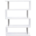 Wooden Four Tier Shelving Unit with Stainless Steel Metal Supports, White and Silver