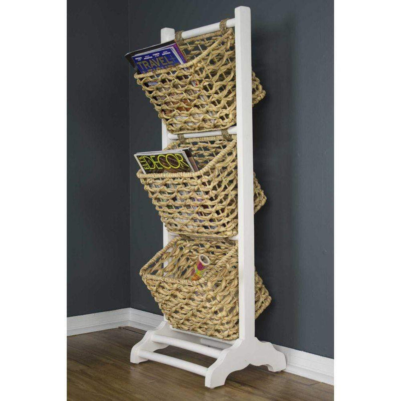 Racks Wood Rack - 11'.8" X 15" X 42'.25" White Wash W/ Natural Wood Water Hyacinth Magazine Rack with Storage Baskets HomeRoots