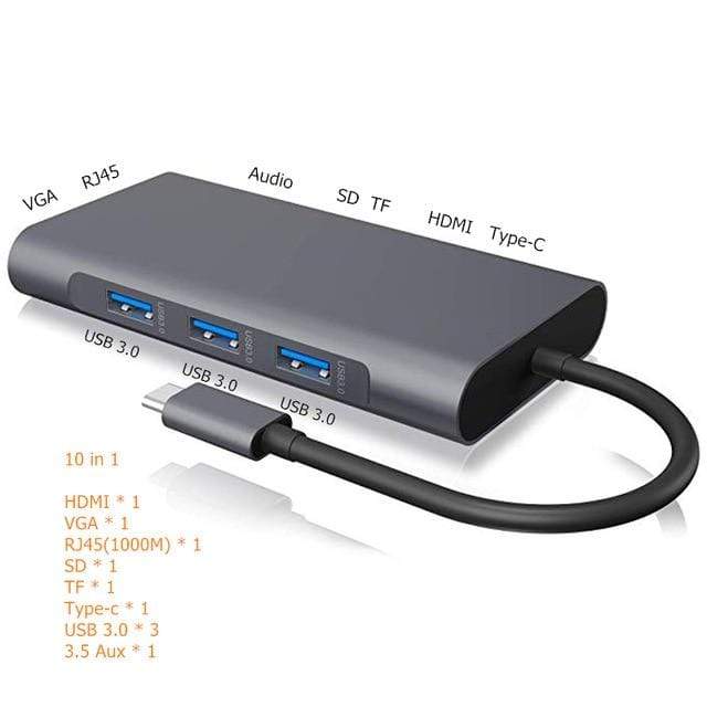 Rankman Type-C to RJ45 Gigabit Lan Ethernet HDMI VGA Adapter SD TF Card Reader USB-C 3.0 Aux for MacBook Samsung Dex Huawei TV JadeMoghul Inc. 