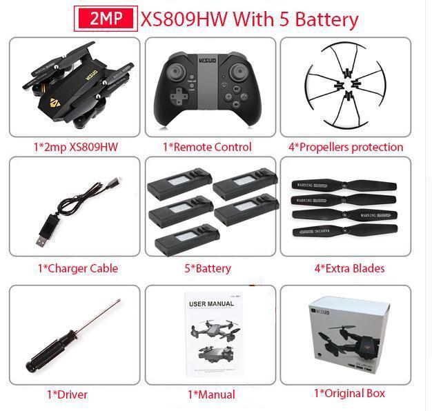 RC Dron Visuo XS809W XS809HW Mini Foldable Selfie Drone with Wifi FPV 0.3MP or 2MP Camera Altitude Hold Quadcopter Vs JJRC H37-200w XS809HW 5B-JadeMoghul Inc.