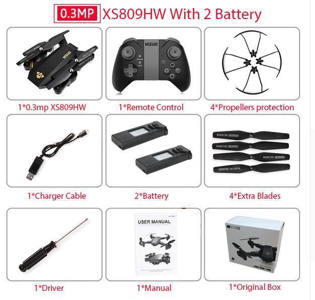 RC Dron Visuo XS809W XS809HW Mini Foldable Selfie Drone with Wifi FPV 0.3MP or 2MP Camera Altitude Hold Quadcopter Vs JJRC H37-30w XS809HW 2B-JadeMoghul Inc.