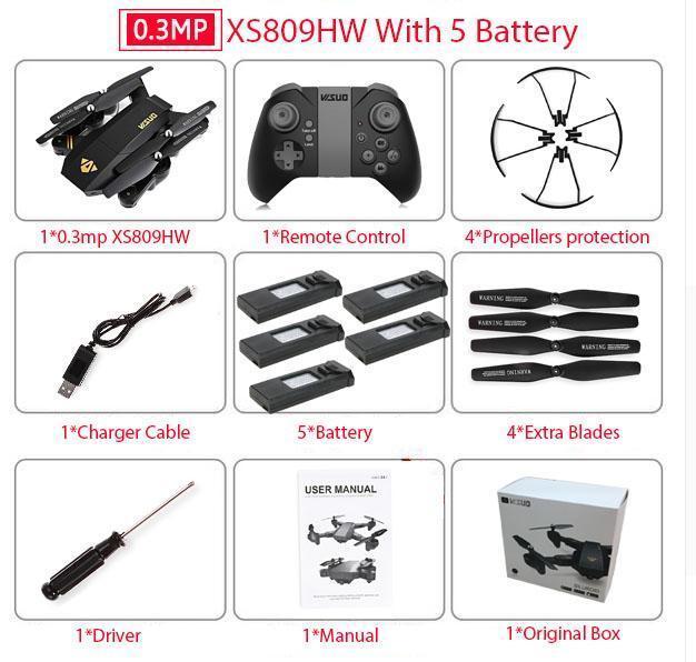 RC Dron Visuo XS809W XS809HW Mini Foldable Selfie Drone with Wifi FPV 0.3MP or 2MP Camera Altitude Hold Quadcopter Vs JJRC H37-30w XS809HW 5B-JadeMoghul Inc.