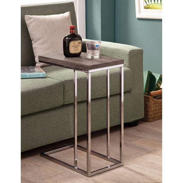 Rectangular Wooden Snack Table With Metal Base, Gray And Silver-Console Tables-Gray And Silver-Wood And Metal-JadeMoghul Inc.