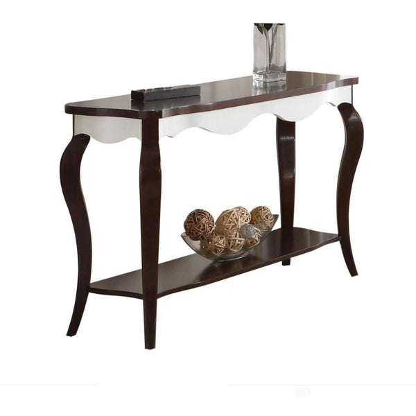 Rectangular Wooden Sofa Table with Cabriole Legs, Walnut Brown and White-Living Room Furniture-Brown and White-Wood-JadeMoghul Inc.