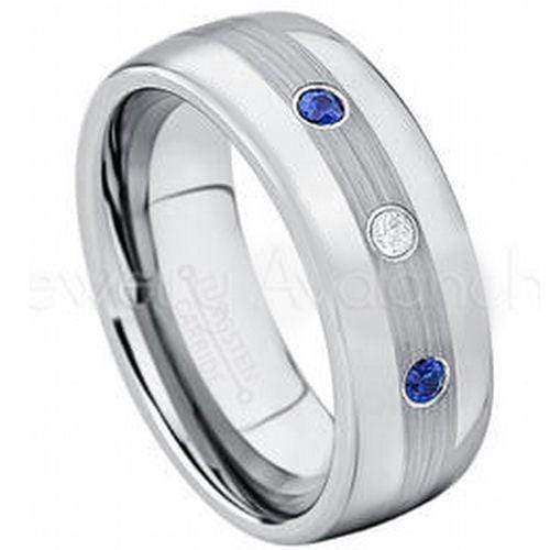 Rings And Bands Black Diamond Ring White Tungsten Carbide Dome With 0.04ct Genuine White Diamond & Blue Sapphire Titanium