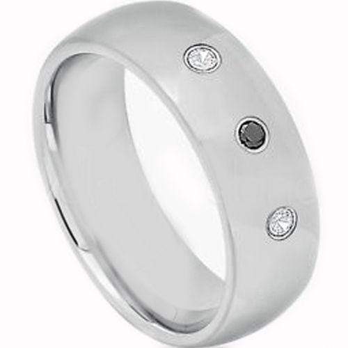 Rings And Bands Black Diamond Ring White Tungsten Carbide Dome With 0.12ct Genuine White & Black Diamond Titanium