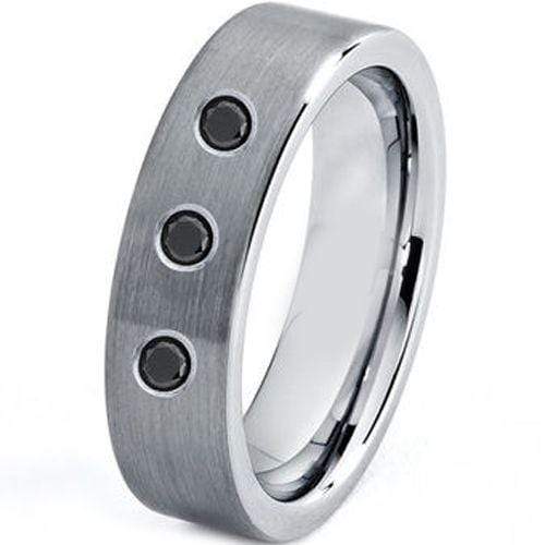 Rings And Bands Black Diamond Ring White Tungsten Carbide Flat Ring With 0.12ct Genuine Black Diamond Titanium