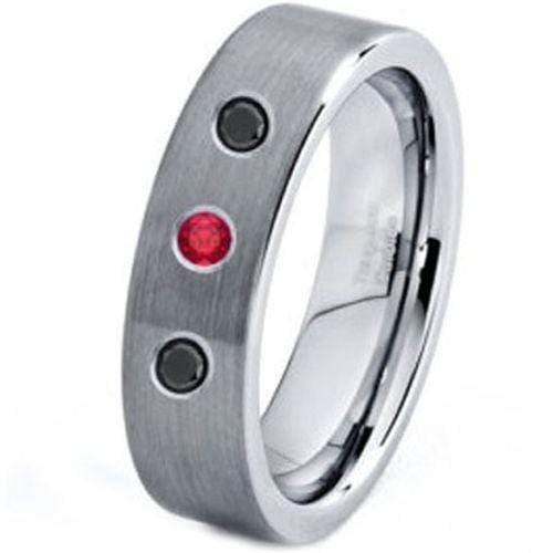 Rings And Bands Black Diamond Ring White Tungsten Carbide Pipe With 0.08ct Genuine Black Diamond & Red Ruby Titanium