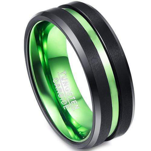 Rings And Bands Black Engagement Rings For Her Tungsten Carbide Black Green Center Groove Beveled Edge Ring Titanium