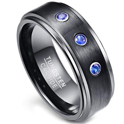 Black Engagement Rings For Her Black Tungsten Carbide Three Stones Step With Blue Sapphire