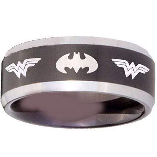 Rings And Bands Men's Silver Band Rings Tungsten Carbide Black Silver Batman and Wonder Woman Ring Titanium