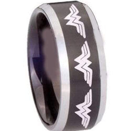 Rings And Bands Men's Silver Band Rings Tungsten Carbide Black Silver Wonder Woman Ring Titanium