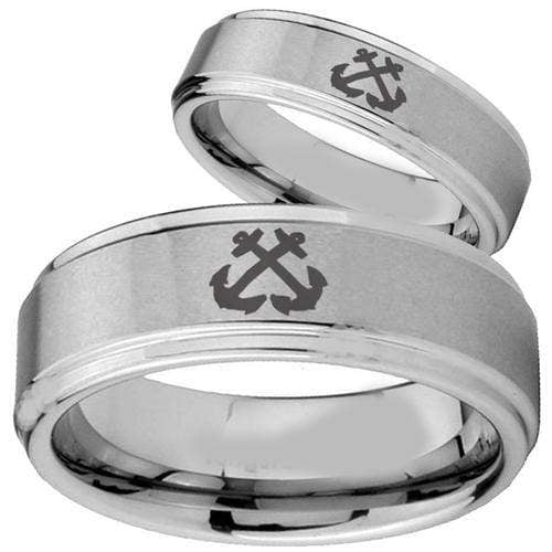Rings And Bands Men's Tungsten Wedding Rings White Tungsten Carbide Anchor Step Ring Titanium